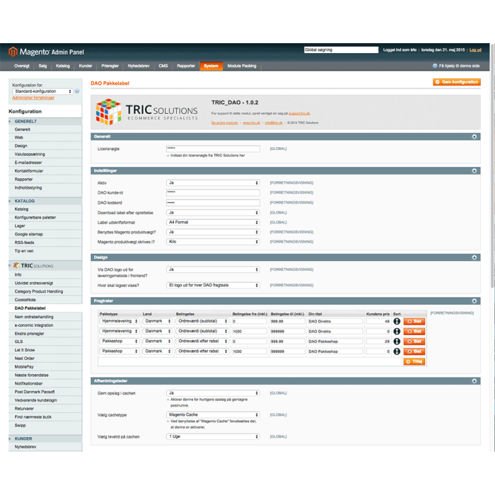 I Magento administrationen indstiller du integrationen med DAO distribution. Fragtsatser til din Magento webshop oprettes samme sted.
