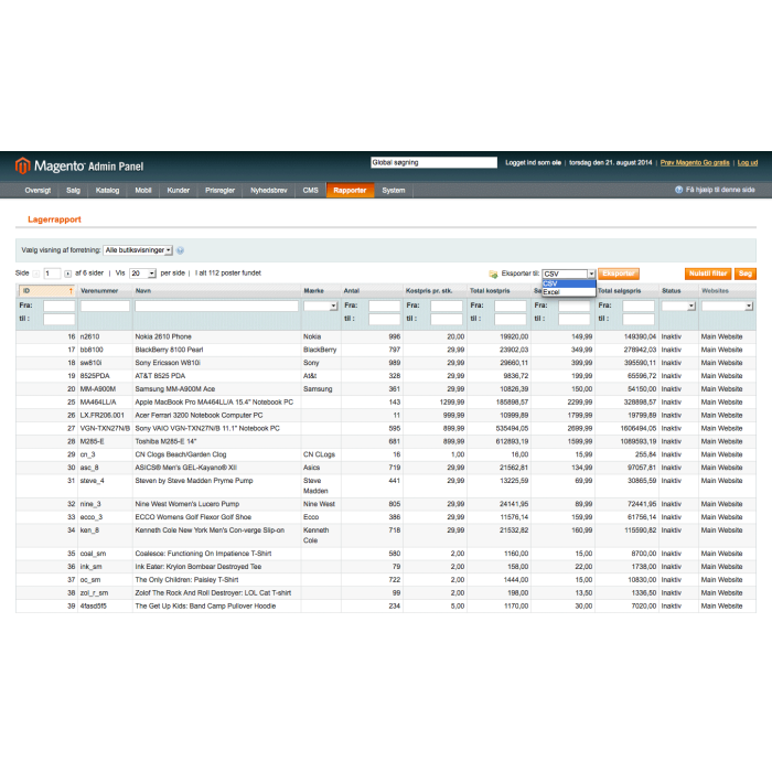 Magento lagerrapport - rapporten kan gemmes i CSV- eller XML-format 