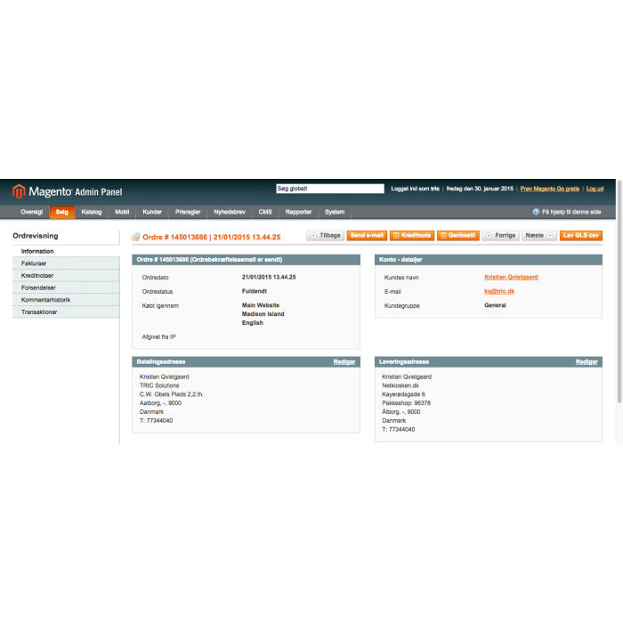 Næste ordre modulet til Magento tilføjer "Forrige" og "Næste" knapper til ordrevisningen i backend. Det gør det let og hurtigt at bladre mellem ordrerne