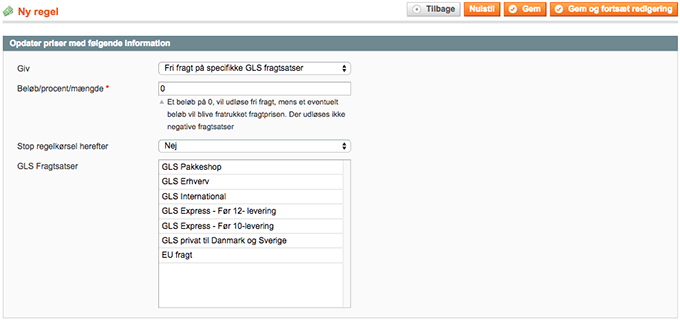 Anvend GLS fragtsatser i Magento prisregler