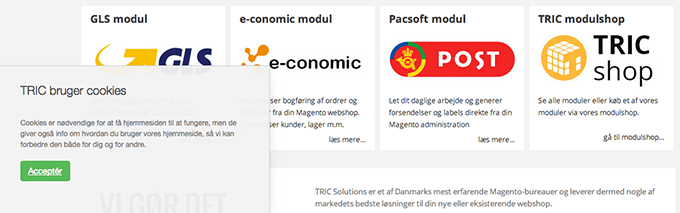 Få cookieinfo med CookieNote > gratis Magento modul fra TRIC Solutions